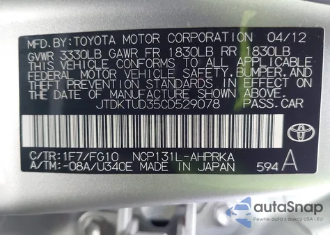 2012 Toyota Yaris Le from USA, damaged, VIN JTDKTUD35CD529078